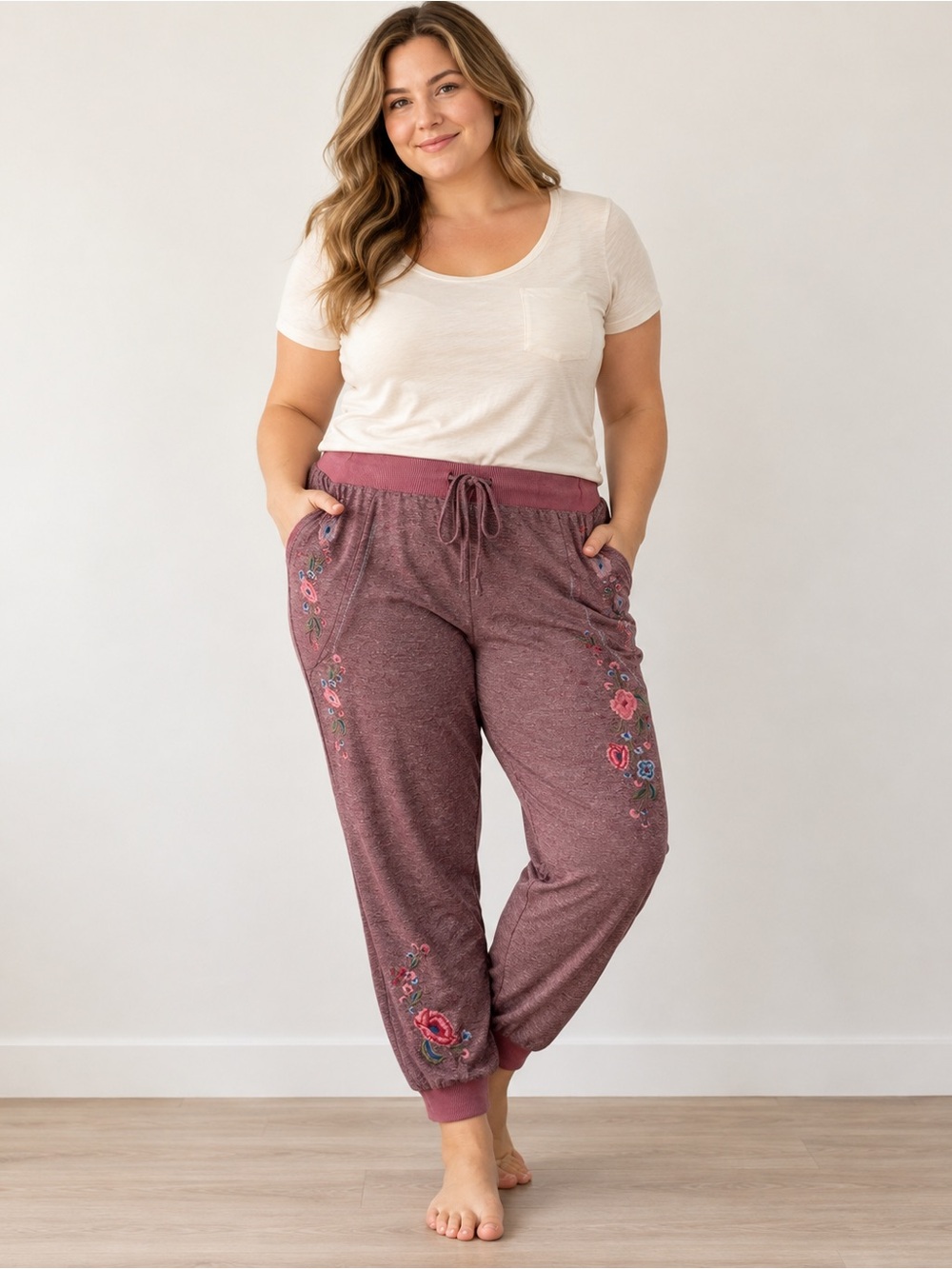 Knox Rose XL Embroidered Floral Jogger Pants Burgundy Boho Lounge
